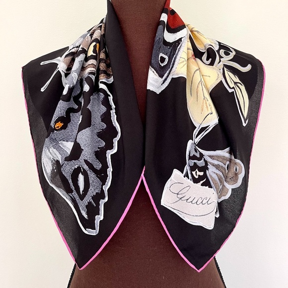 New Gucci Scarf Logo Kris Knight Butterfly Flora Black Silk Scarf - Picture 3 of 13